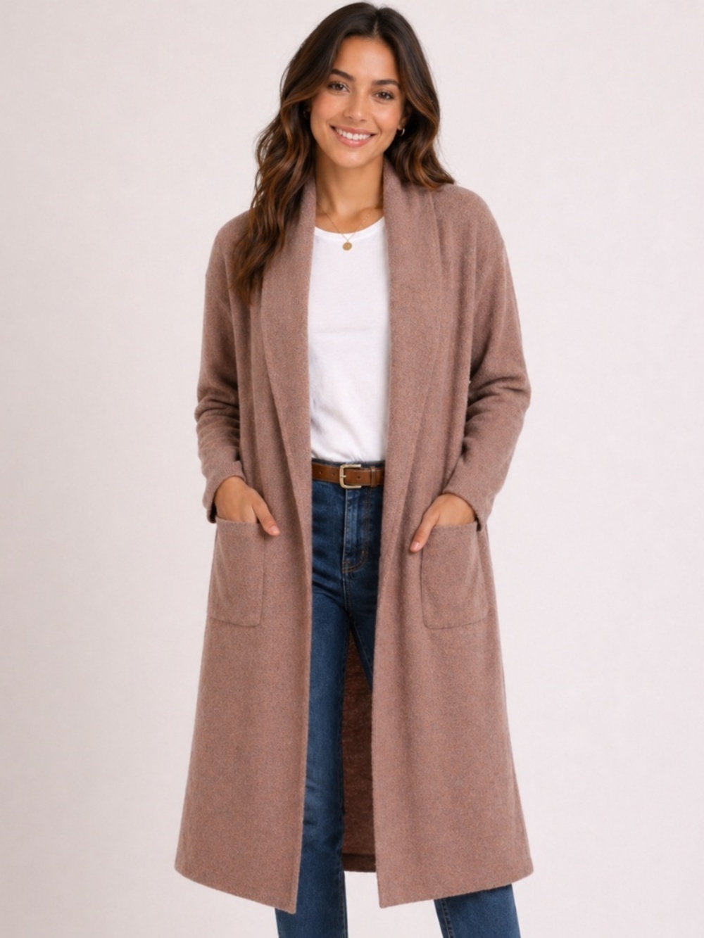 Max Sport Long Knit Cardigan Coat | Heather Dark Sand | Open Front Shawl Collar